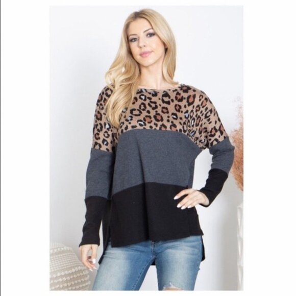 Animal Print Colorblock Long Sleeve Knit Top Womens Casual Loose Fit-NEW - Picture 3 of 7